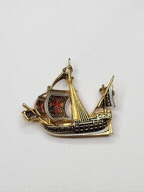 Vtg. Damascene Spanish Galleon Ship Brooch